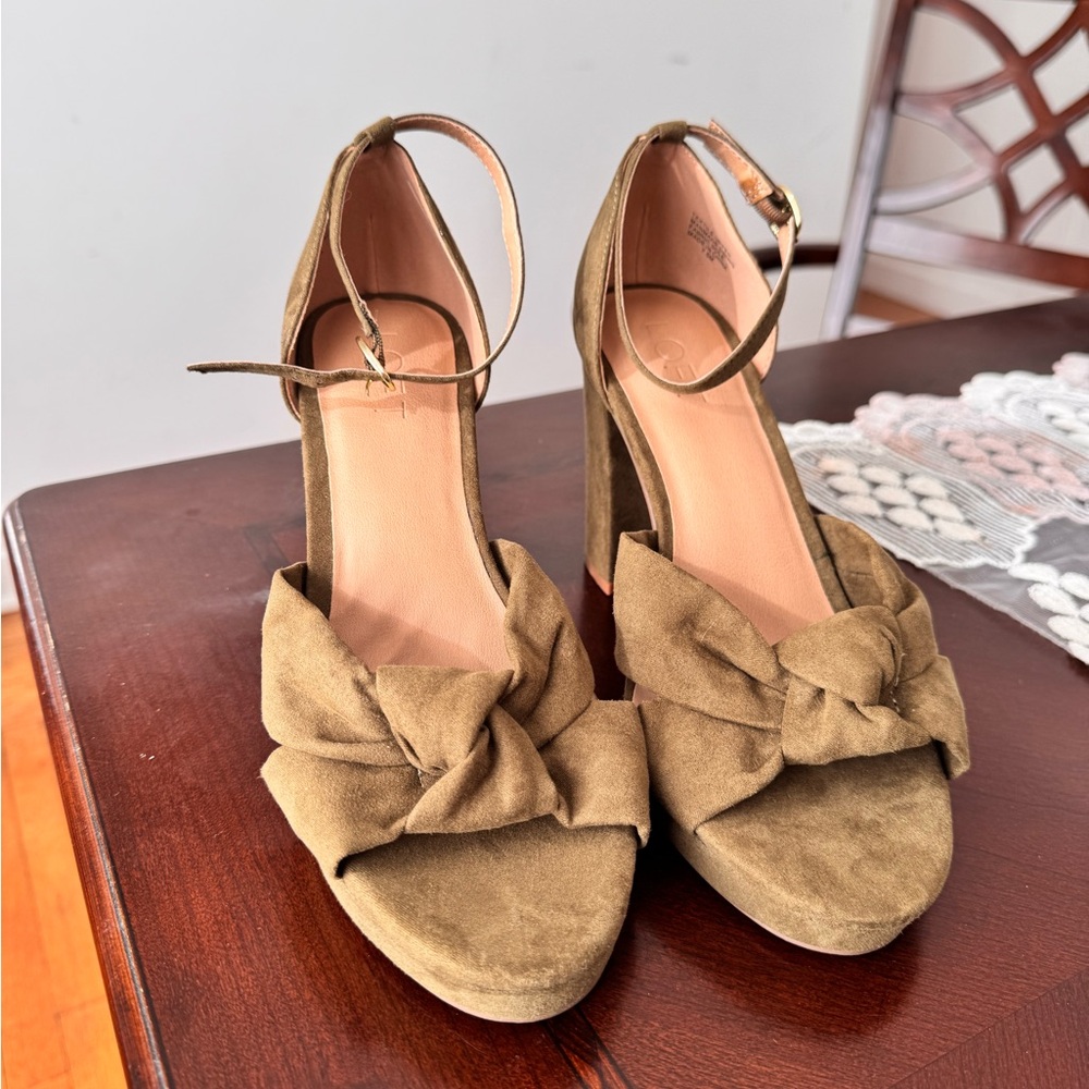 LOFT Green Heels with Bow Accent